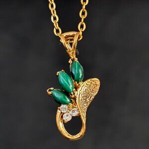 Vintage malachite Pendant Necklace, 18K Gold Electroplate, New Old Stock